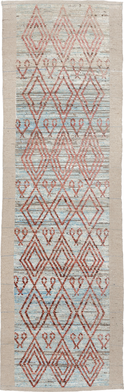 3' x 9' one-of-a-kind handmade vintage Kilim runner rug. Color palette: ivory, rust, pale_aqua, beige, taupe, terracotta