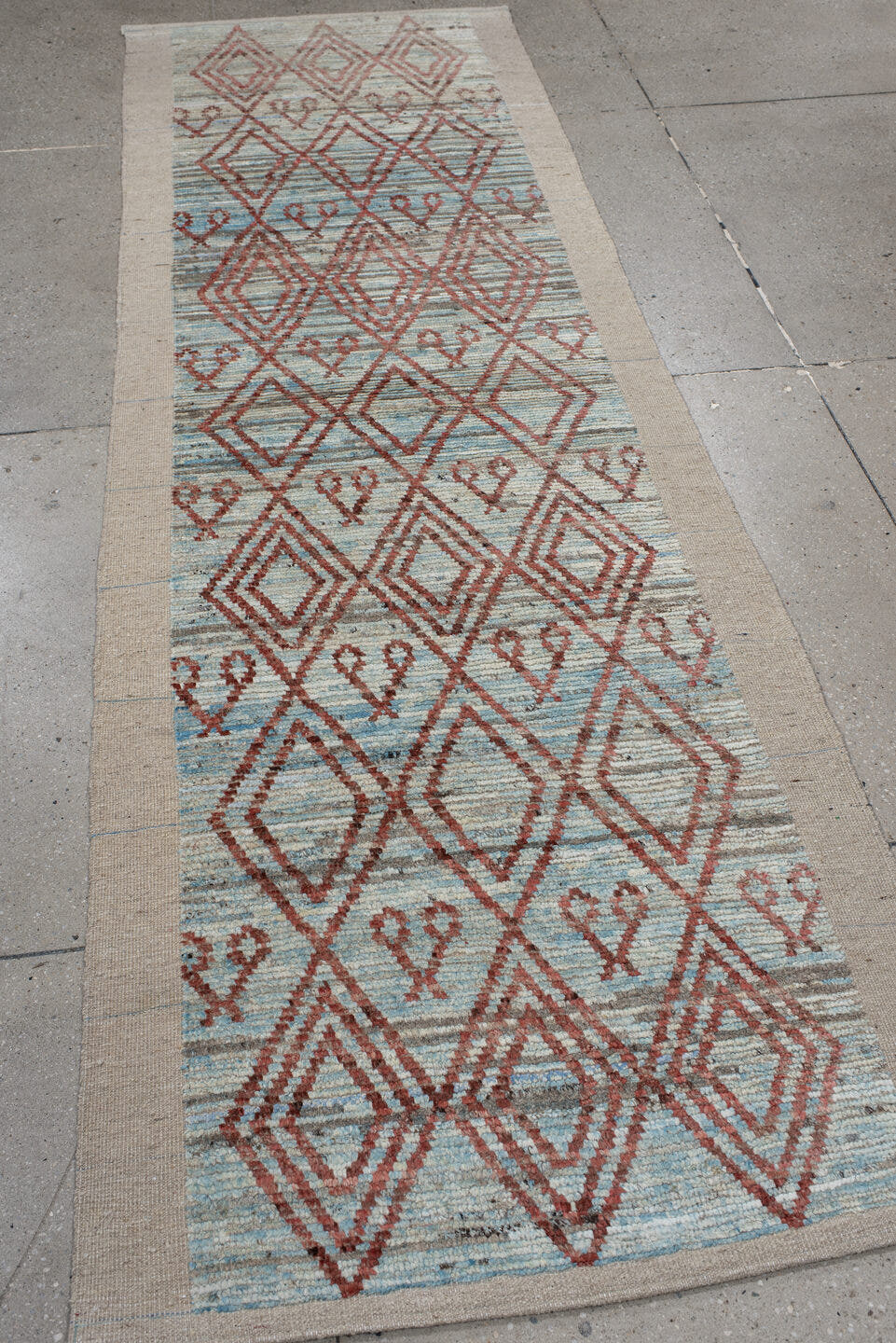 3' x 9' one-of-a-kind handmade vintage Kilim runner rug. Color palette: ivory, rust, pale_aqua, beige, taupe, terracotta