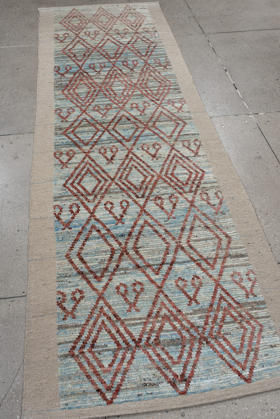 3' x 9' one-of-a-kind handmade vintage Kilim runner rug. Color palette: ivory, rust, pale_aqua, beige, taupe, terracotta