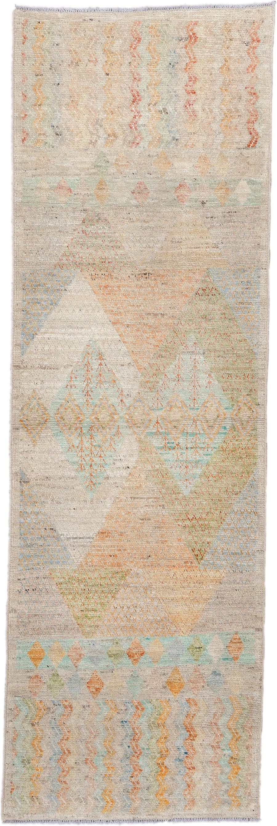 3' x 9' one-of-a-kind handmade vintage Kilim runner rug. Color palette: ivory, beige, pale aqua, peach, sand, soft gold