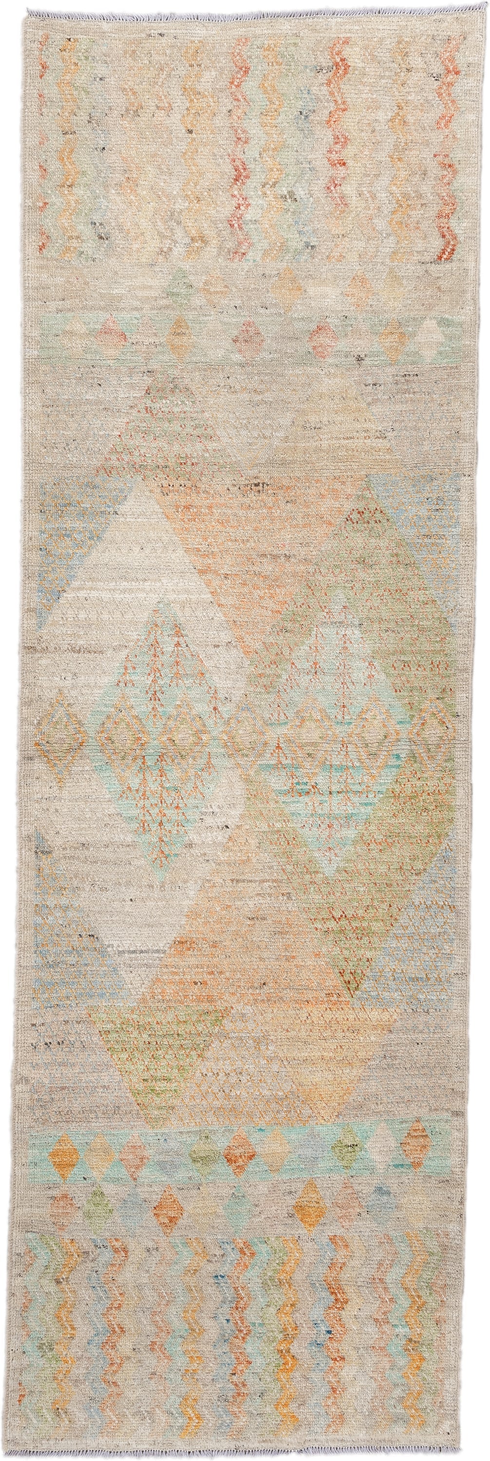 3' x 9' one-of-a-kind handmade vintage Kilim runner rug. Color palette: ivory, beige, pale aqua, peach, sand, soft gold