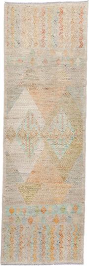 3' x 9' one-of-a-kind handmade vintage Kilim runner rug. Color palette: ivory, beige, pale aqua, peach, sand, soft gold