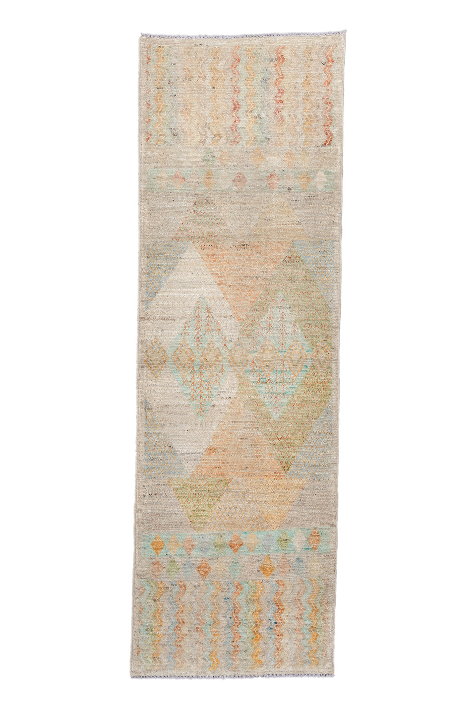 3' x 9' one-of-a-kind handmade vintage Kilim runner rug. Color palette: brown, gray, light gray, off-white, orange, pink