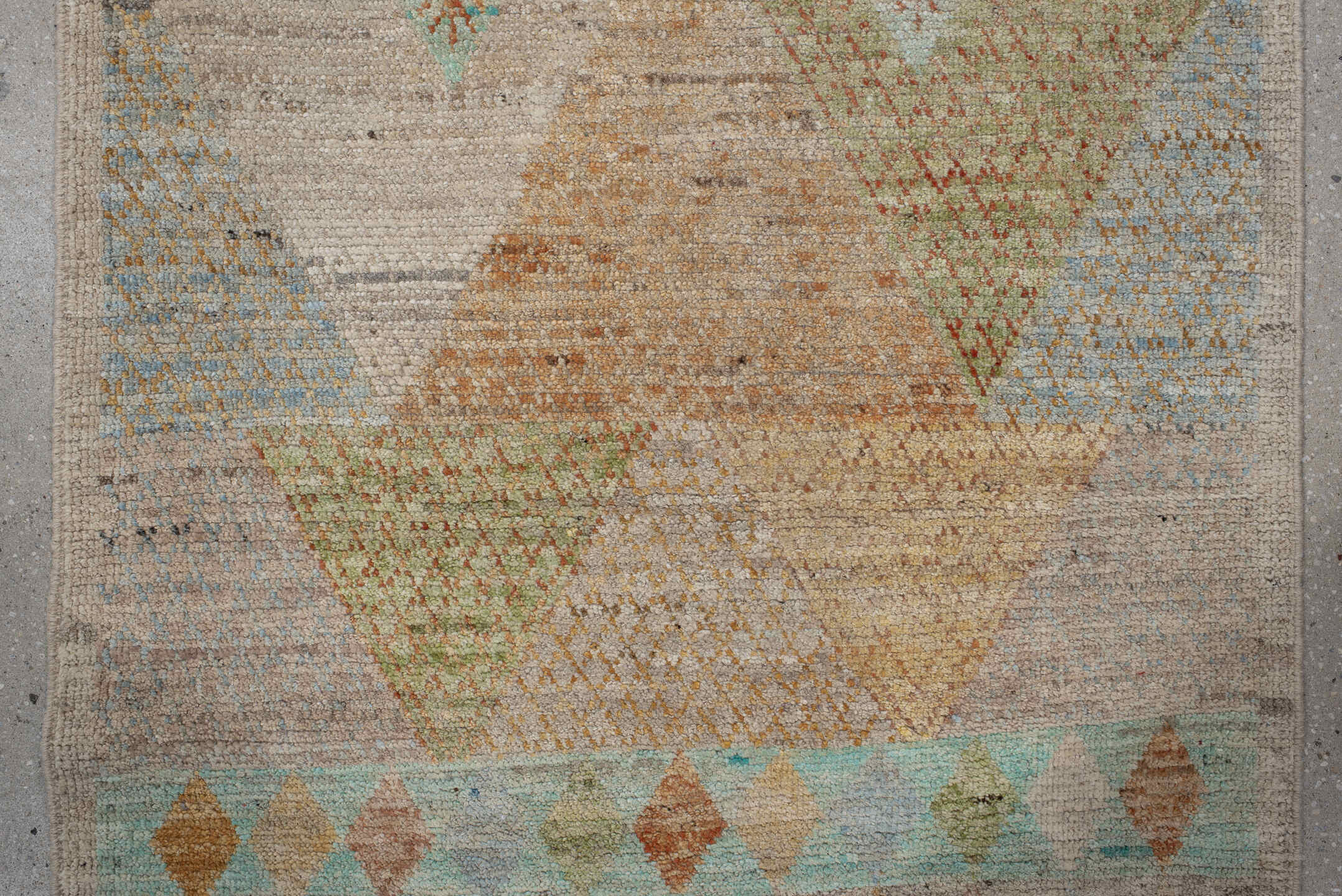 3' x 9' one-of-a-kind handmade vintage Kilim runner rug. Color palette: ivory, beige, pale aqua, peach, sand, soft gold