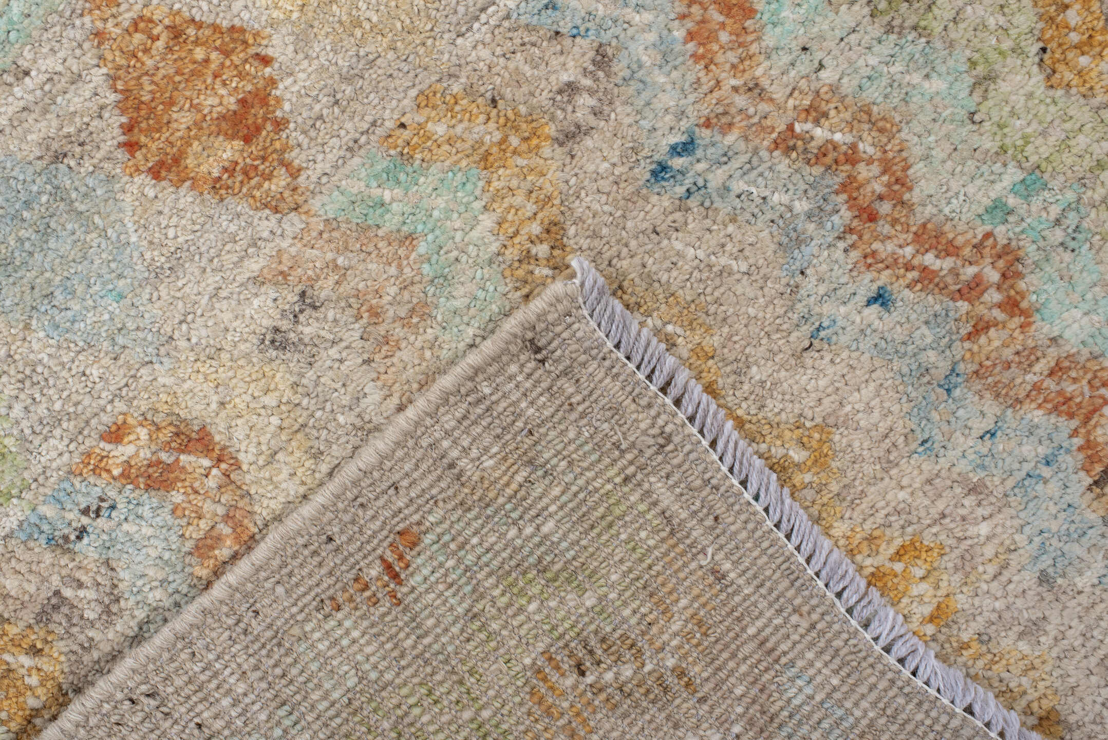 3' x 9' one-of-a-kind handmade vintage Kilim runner rug. Color palette: ivory, beige, pale aqua, peach, sand, soft gold