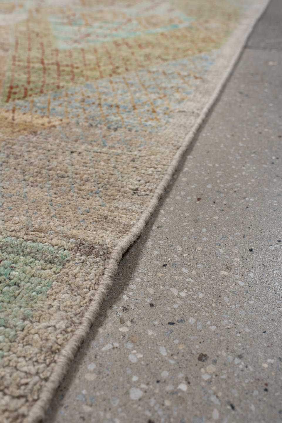 3' x 9' one-of-a-kind handmade vintage Kilim runner rug. Color palette: ivory, beige, pale aqua, peach, sand, soft gold