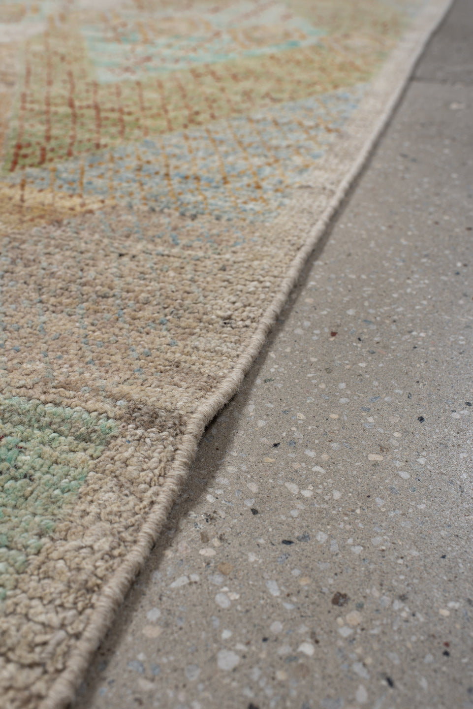3' x 9' one-of-a-kind handmade vintage Kilim runner rug. Color palette: ivory, beige, pale aqua, peach, sand, soft gold
