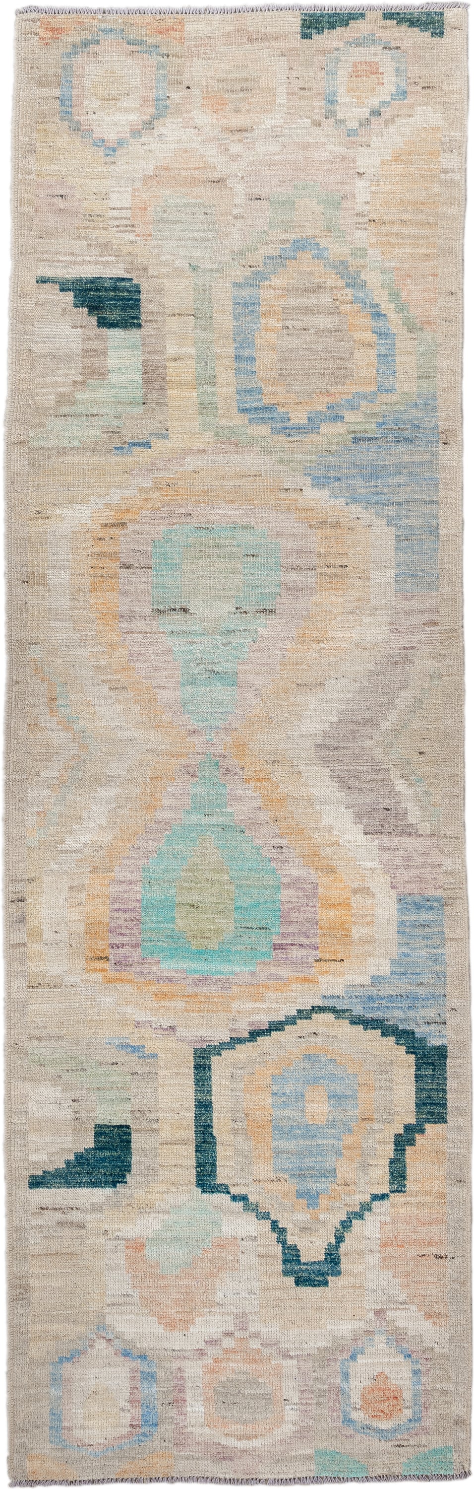 3' x 9' one-of-a-kind handmade vintage Kilim runner rug. Color palette: ivory, beige, sky_blue, aqua, peach, teal, taupe