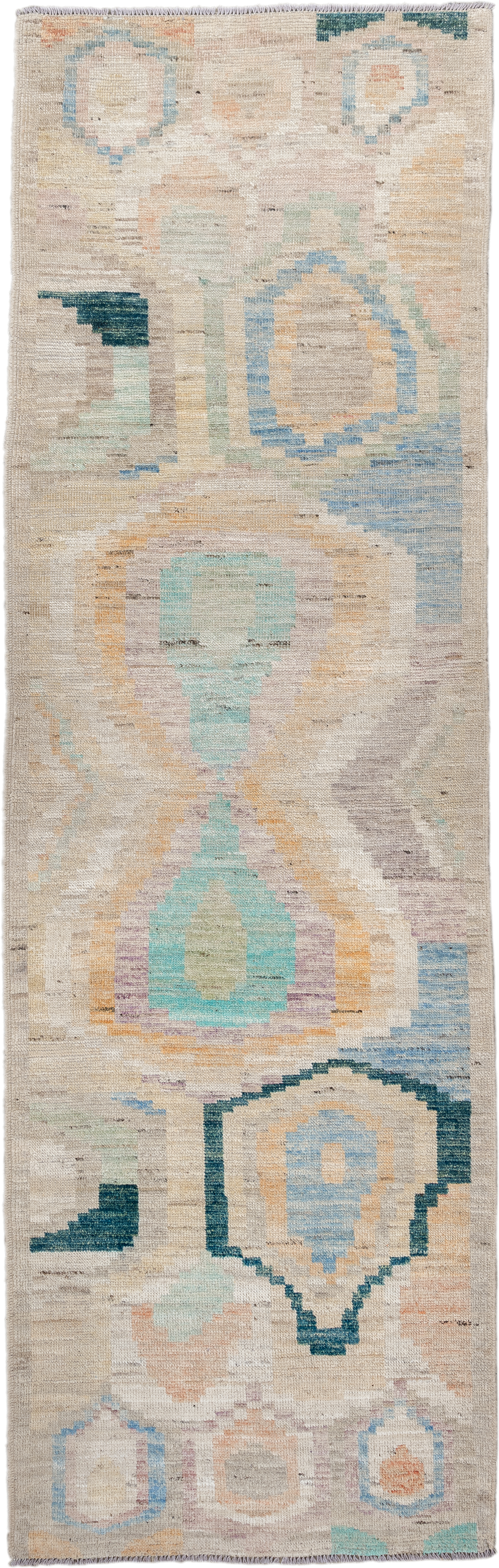 3' x 9' one-of-a-kind handmade vintage Kilim runner rug. Color palette: ivory, beige, sky_blue, aqua, peach, teal, taupe