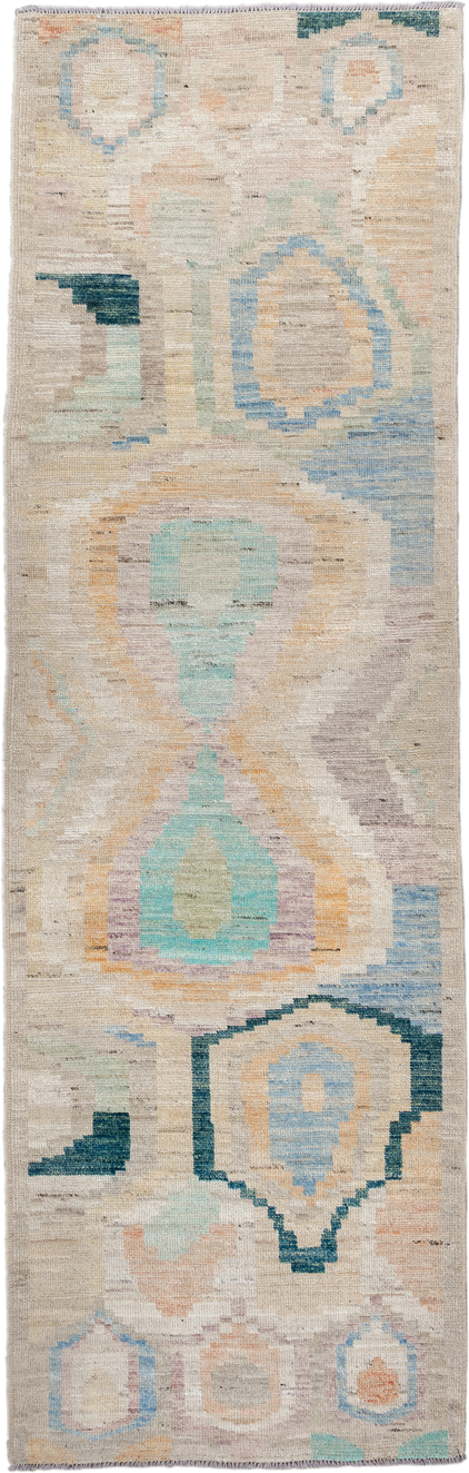 3' x 9' one-of-a-kind handmade vintage Kilim runner rug. Color palette: ivory, beige, sky_blue, aqua, peach, teal, taupe
