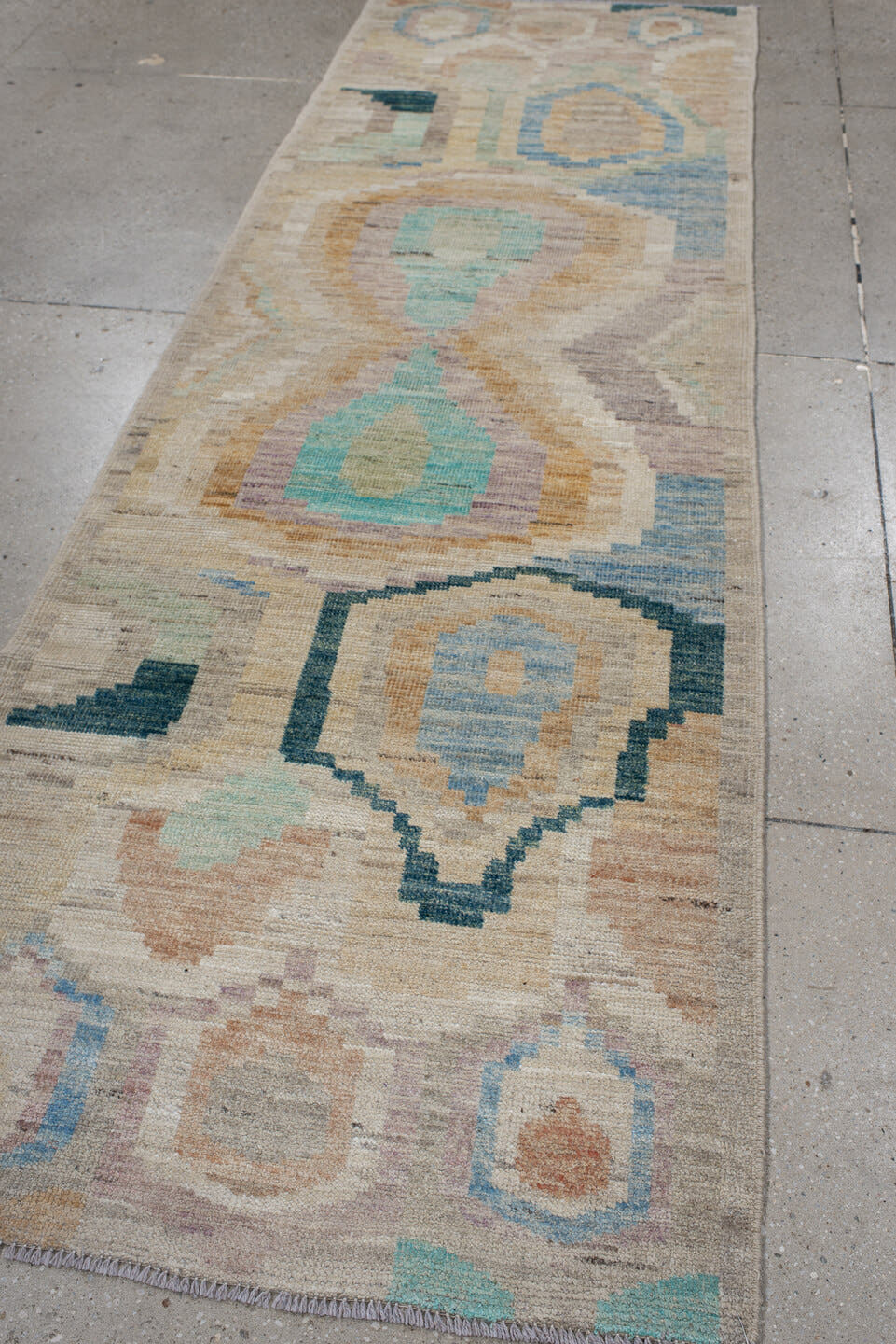 3' x 9' one-of-a-kind handmade vintage Kilim runner rug. Color palette: ivory, beige, sky_blue, aqua, peach, teal, taupe