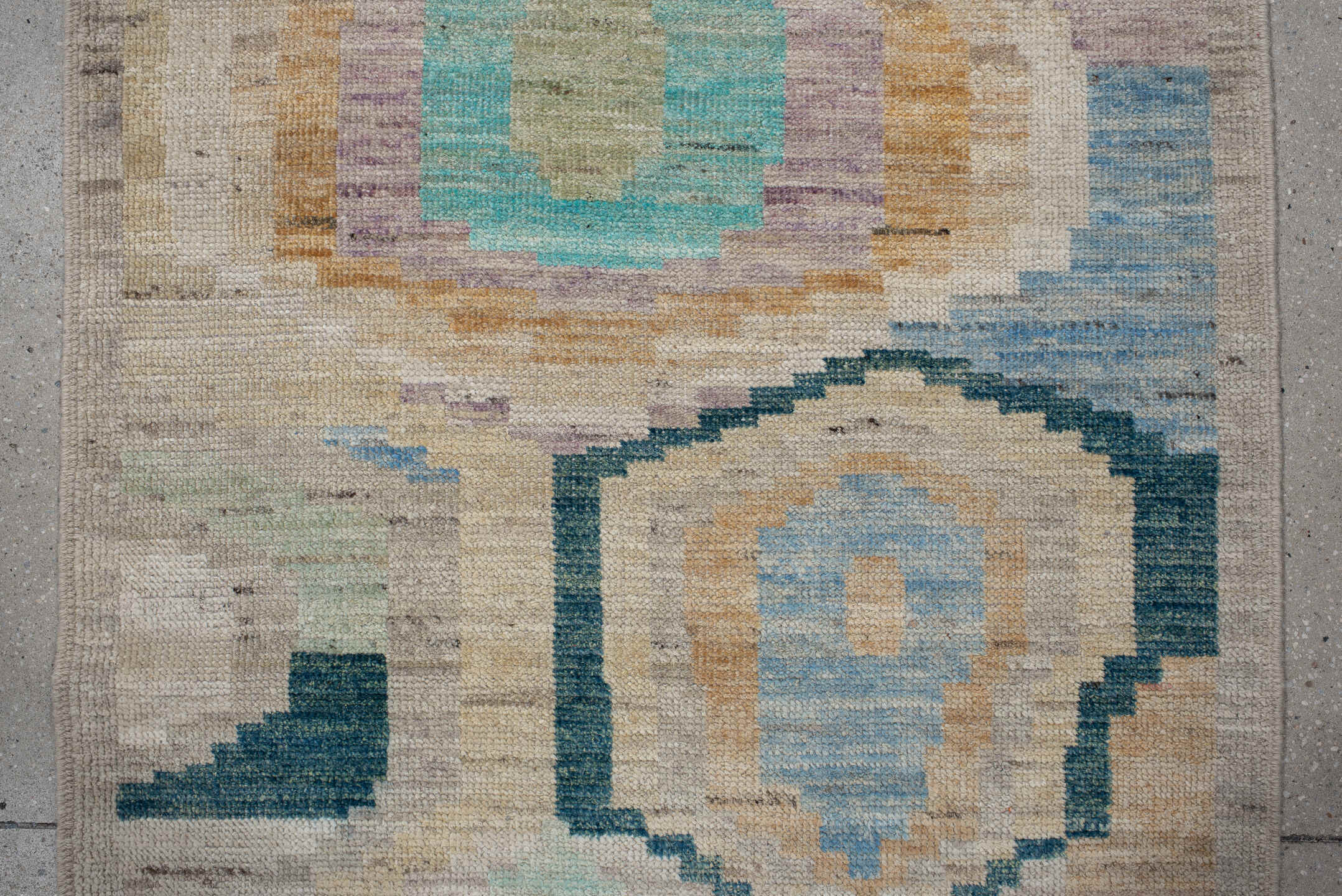 3' x 9' one-of-a-kind handmade vintage Kilim runner rug. Color palette: ivory, beige, sky_blue, aqua, peach, teal, taupe