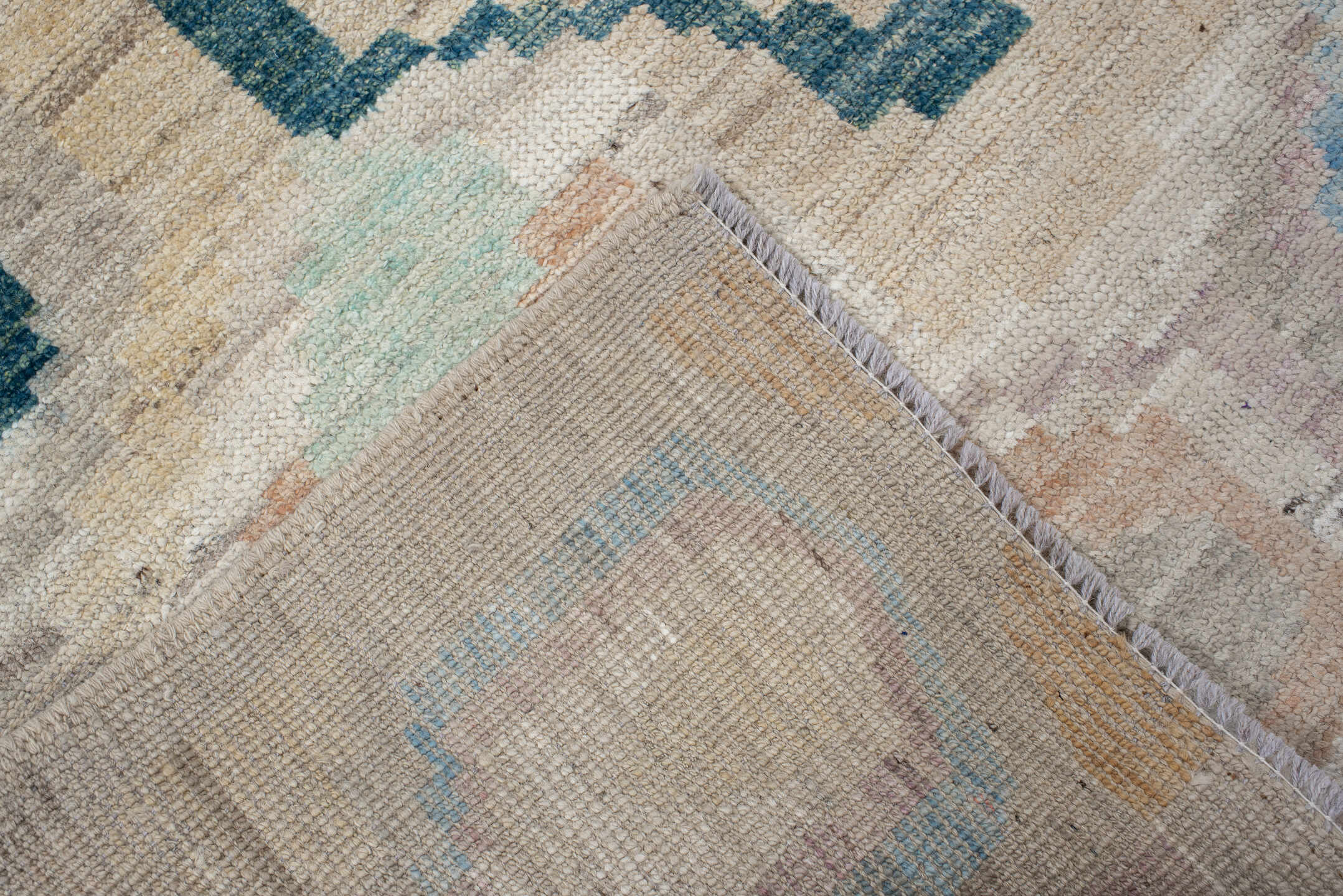3' x 9' one-of-a-kind handmade vintage Kilim runner rug. Color palette: ivory, beige, sky_blue, aqua, peach, teal, taupe