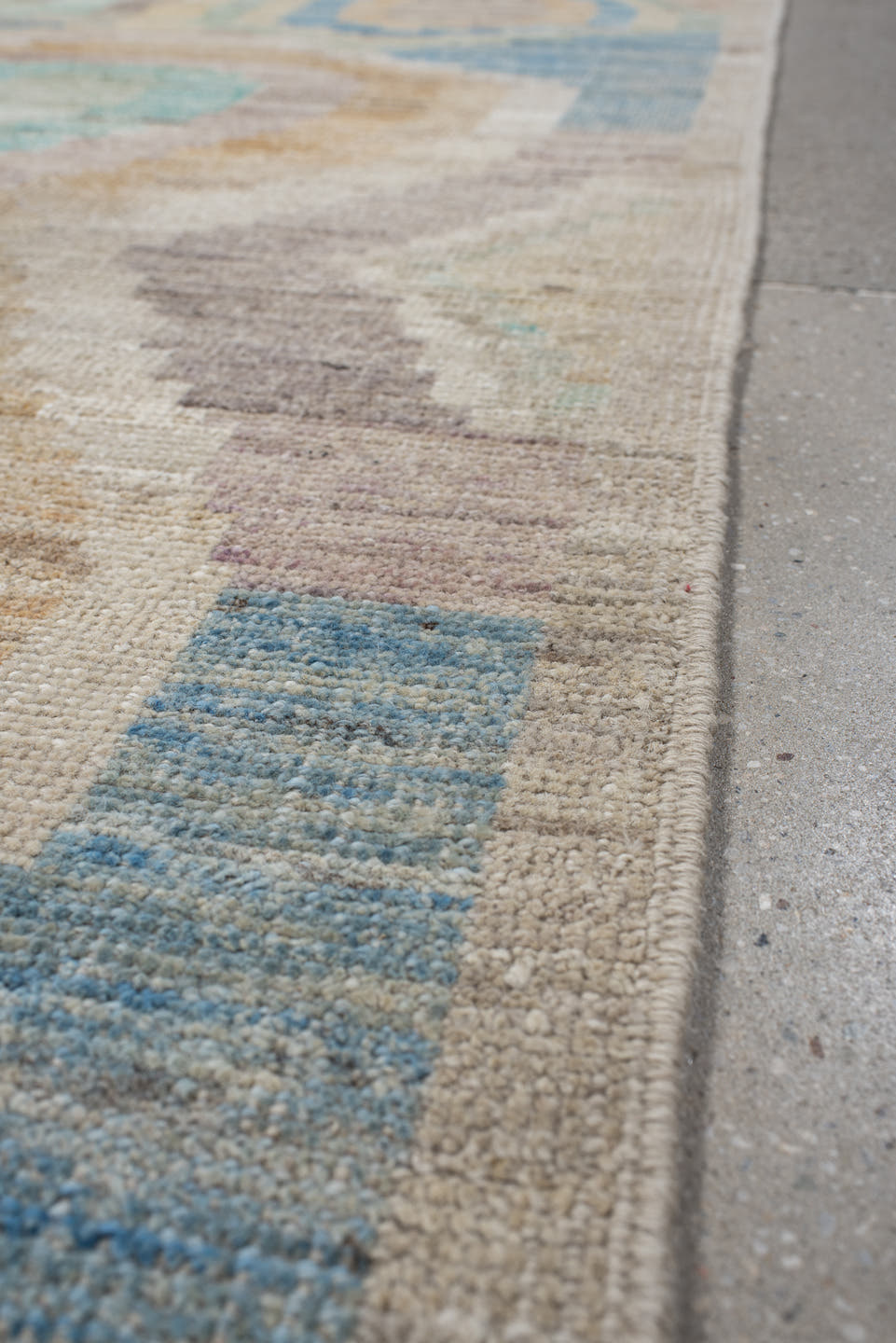 3' x 9' one-of-a-kind handmade vintage Kilim runner rug. Color palette: ivory, beige, sky_blue, aqua, peach, teal, taupe