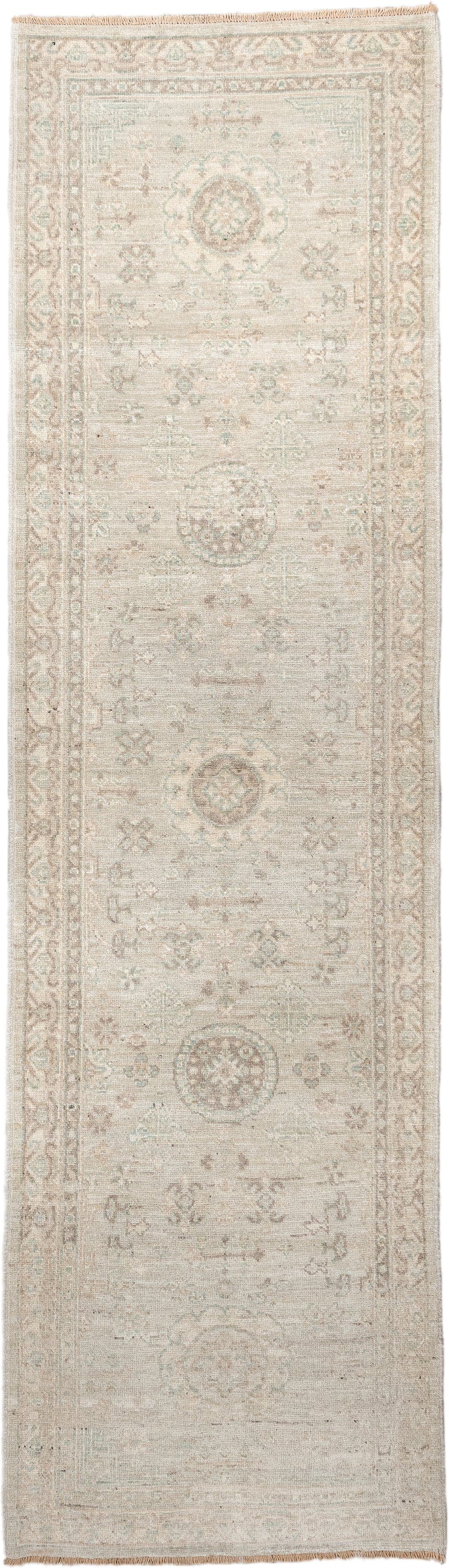 2' x 9' one-of-a-kind handmade vintage Oushak runner rug. Color palette: ivory, cream, taupe, pale aqua, beige, sand, gray