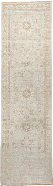 2' x 9' one-of-a-kind handmade vintage Oushak runner rug. Color palette: ivory, cream, taupe, pale aqua, beige, sand, gray