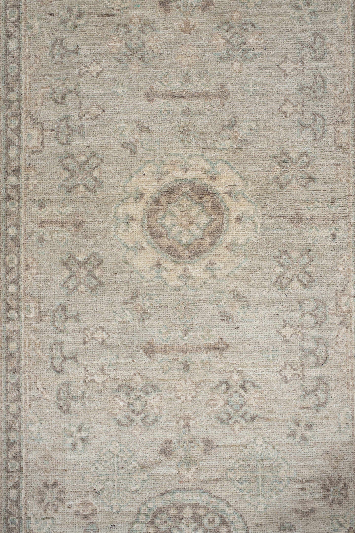 2' x 9' one-of-a-kind handmade vintage Oushak runner rug. Color palette: ivory, cream, taupe, pale aqua, beige, sand, gray