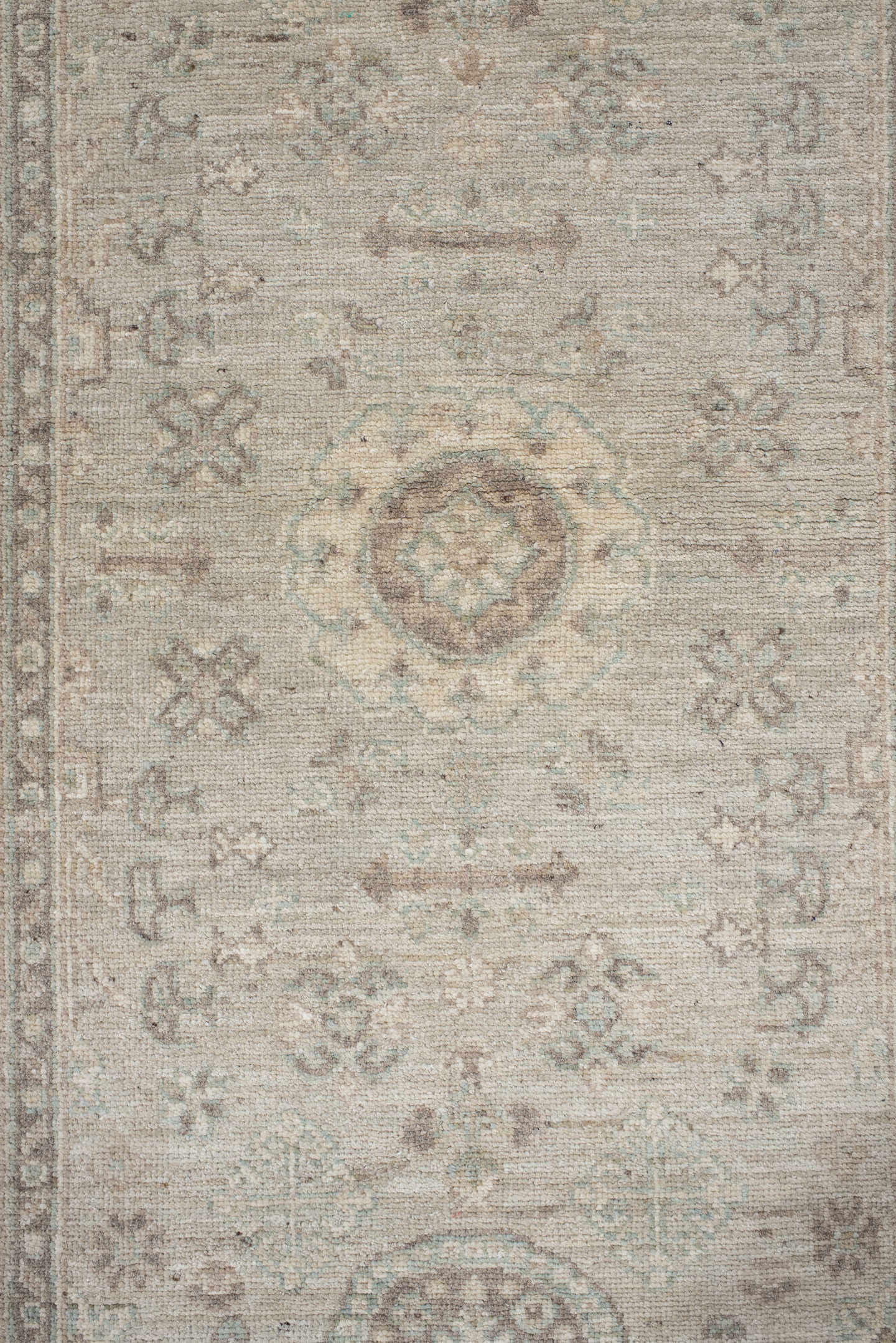 2' x 9' one-of-a-kind handmade vintage Oushak runner rug. Color palette: ivory, cream, taupe, pale aqua, beige, sand, gray