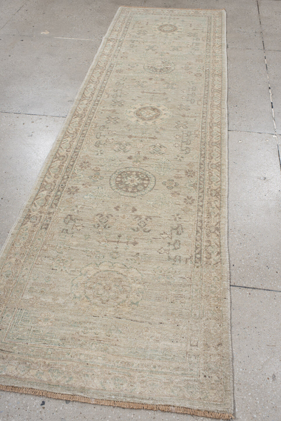 2' x 9' one-of-a-kind handmade vintage Oushak runner rug. Color palette: ivory, cream, taupe, pale aqua, beige, sand, gray