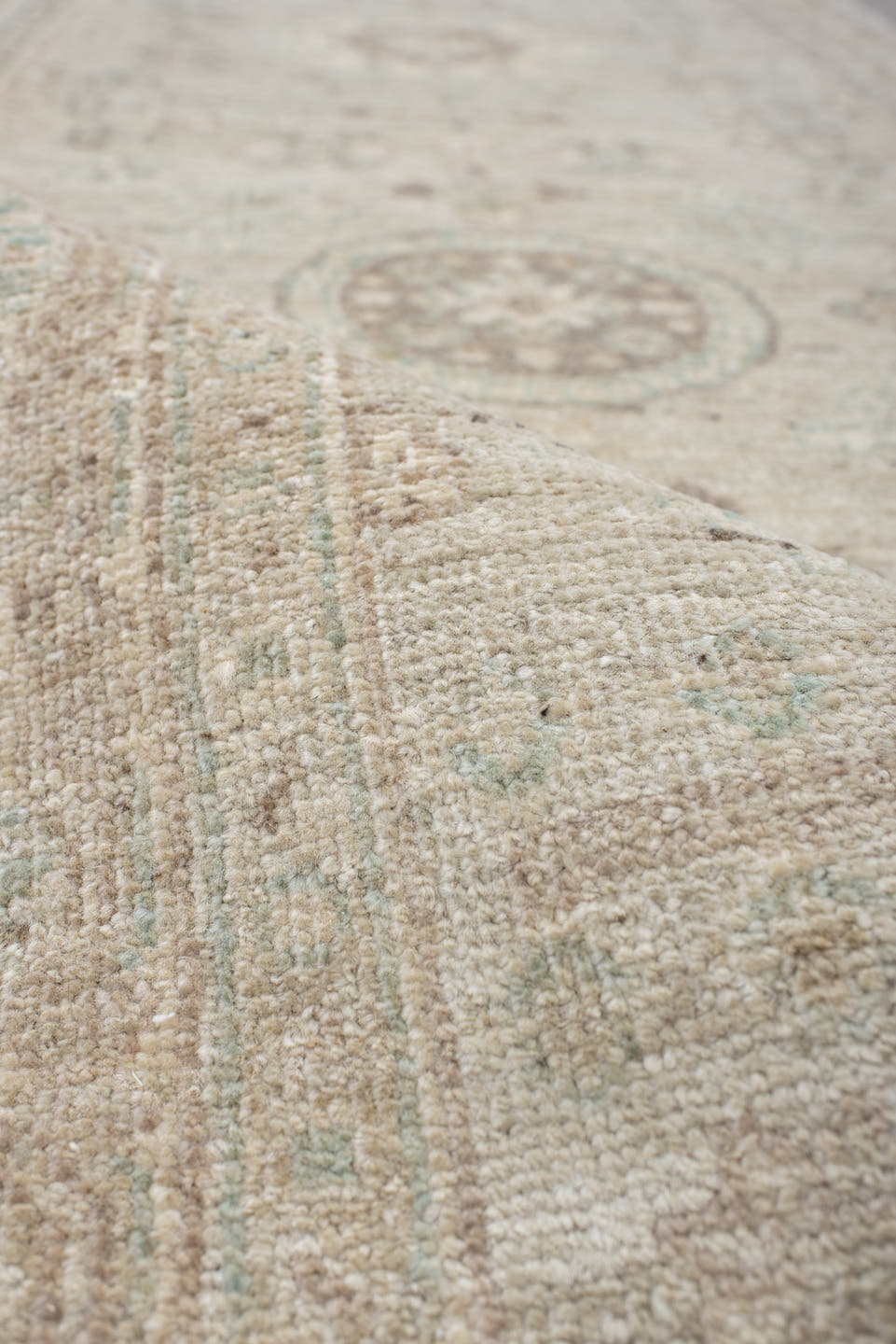 2' x 9' one-of-a-kind handmade vintage Oushak runner rug. Color palette: ivory, cream, taupe, pale aqua, beige, sand, gray