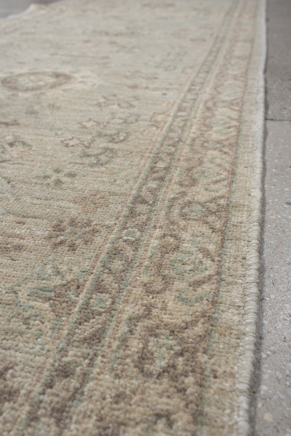 2' x 9' one-of-a-kind handmade vintage Oushak runner rug. Color palette: ivory, cream, taupe, pale aqua, beige, sand, gray