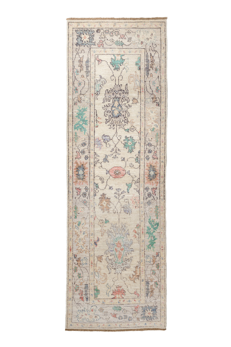2' x 9' one-of-a-kind handmade vintage Oushak runner rug. Color palette: antiquewhite, blue, brown, gray, light blue