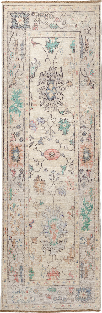 2' x 9' one-of-a-kind handmade vintage Oushak runner rug. Color palette: ivory, beige, aqua, slate, blush, sand, taupe