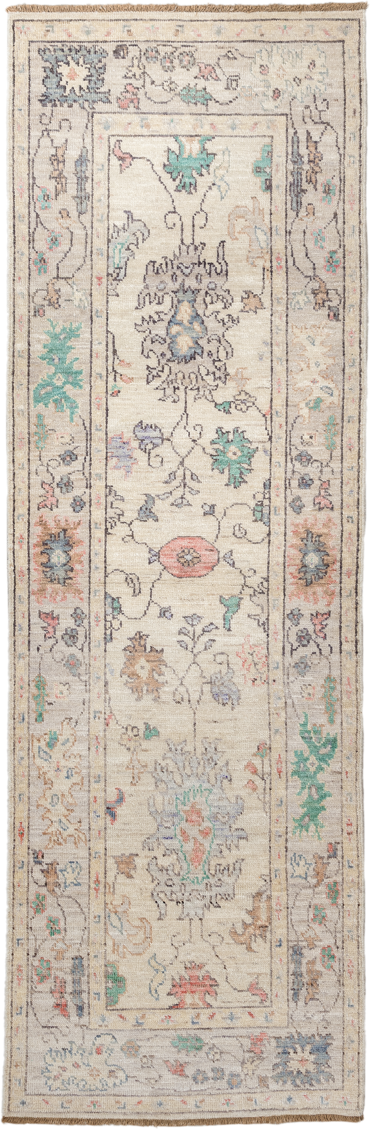 2' x 9' one-of-a-kind handmade vintage Oushak runner rug. Color palette: ivory, beige, aqua, slate, blush, sand, taupe