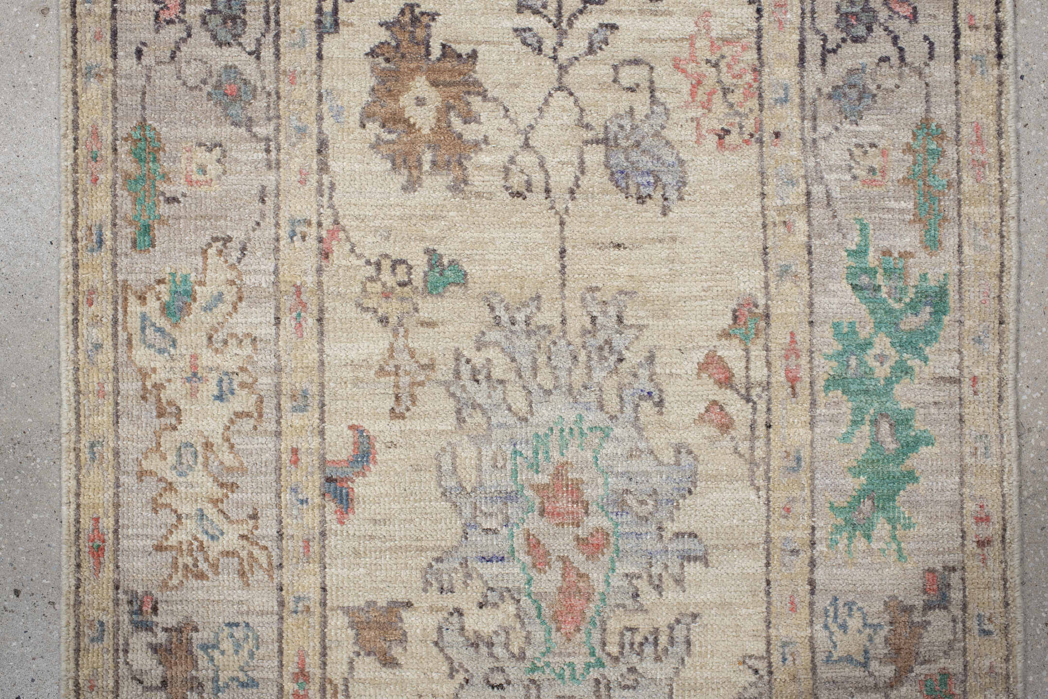 2' x 9' one-of-a-kind handmade vintage Oushak runner rug. Color palette: ivory, beige, aqua, slate, blush, sand, taupe