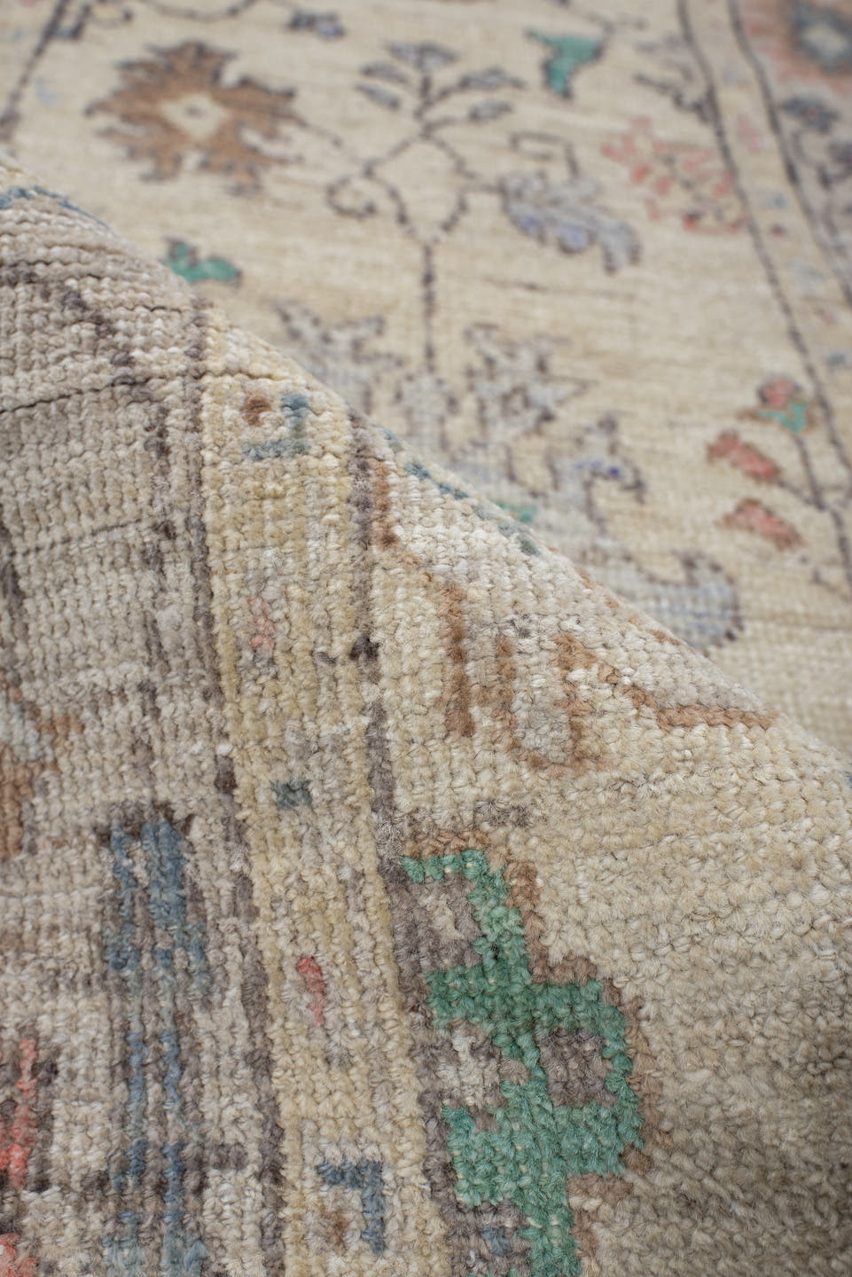2' x 9' one-of-a-kind handmade vintage Oushak runner rug. Color palette: ivory, beige, aqua, slate, blush, sand, taupe