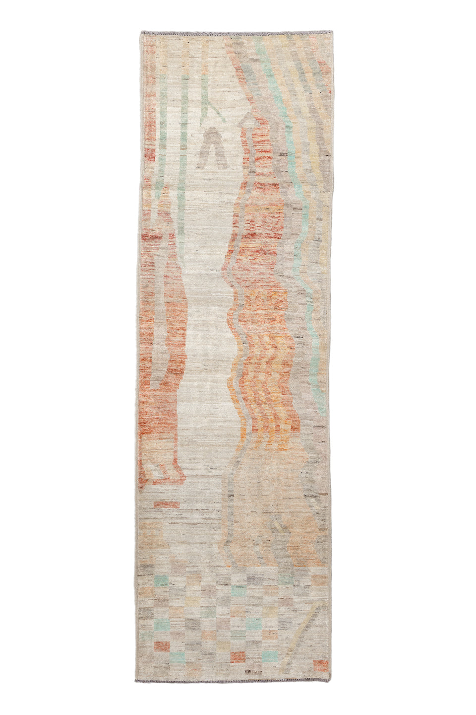 3' x 9' one-of-a-kind handmade vintage Kilim runner rug. Color palette: antiquewhite, brown, burlywood, gray, light gray