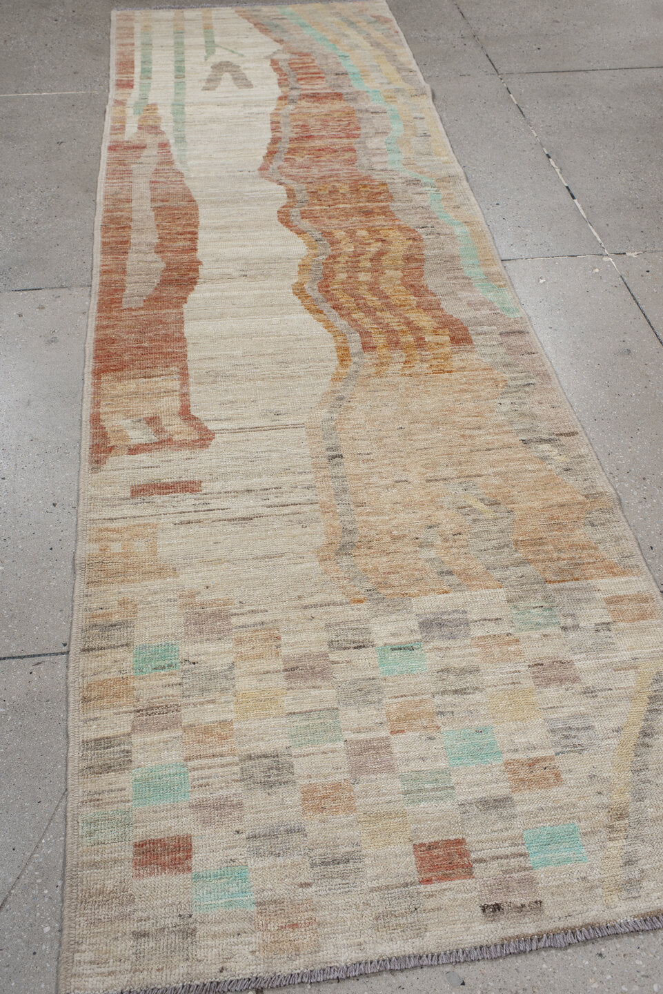 3' x 9' one-of-a-kind handmade vintage Kilim runner rug. Color palette: ivory, taupe, peach, aqua, sand, gray, beige