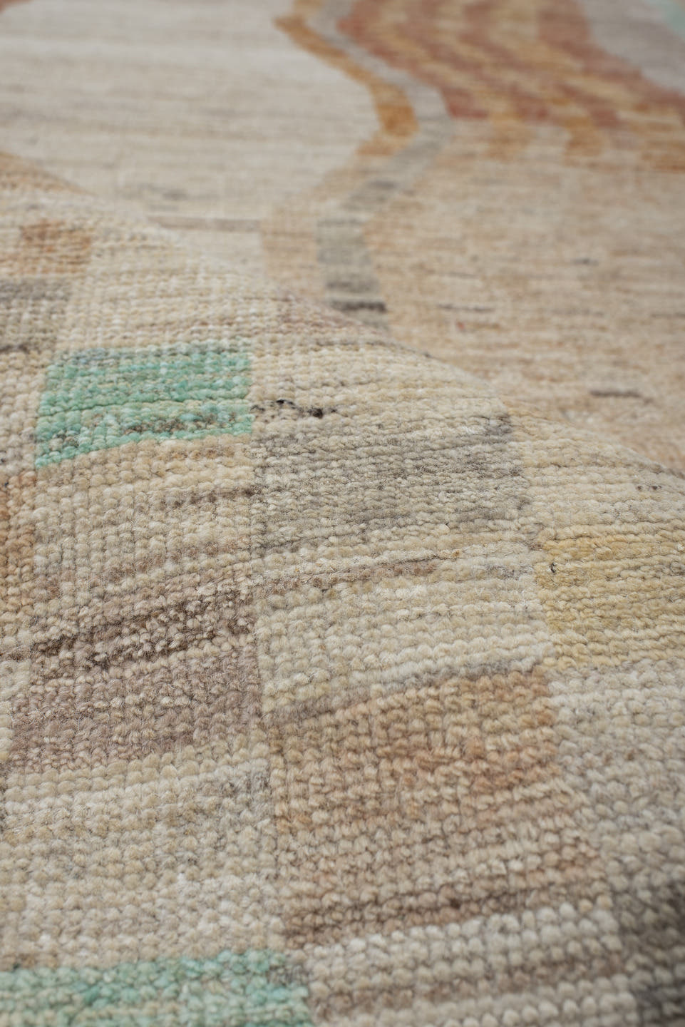 3' x 9' one-of-a-kind handmade vintage Kilim runner rug. Color palette: ivory, taupe, peach, aqua, sand, gray, beige