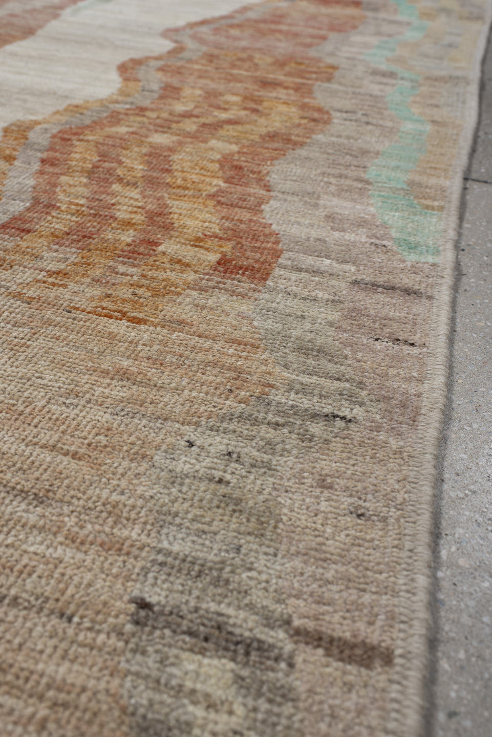 3' x 9' one-of-a-kind handmade vintage Kilim runner rug. Color palette: ivory, taupe, peach, aqua, sand, gray, beige