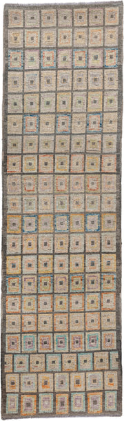 2' x 9' one-of-a-kind handmade vintage Kilim runner rug. Color palette: ivory, charcoal, taupe, sky blue, saffron, coral