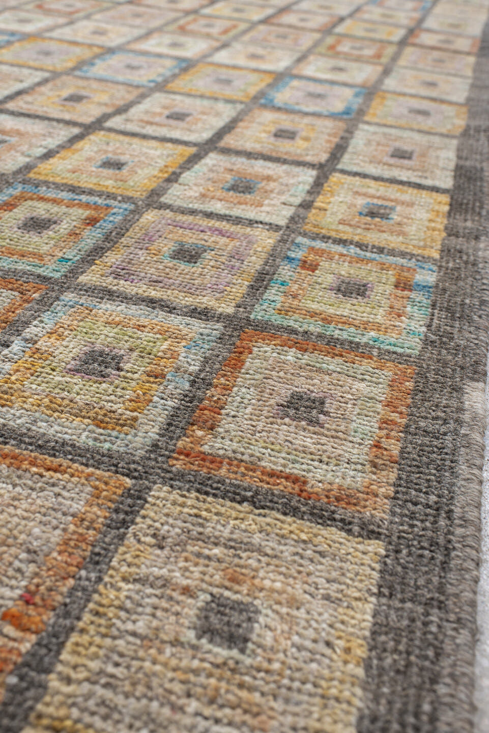 2' x 9' one-of-a-kind handmade vintage Kilim runner rug. Color palette: ivory, charcoal, taupe, sky blue, saffron, coral