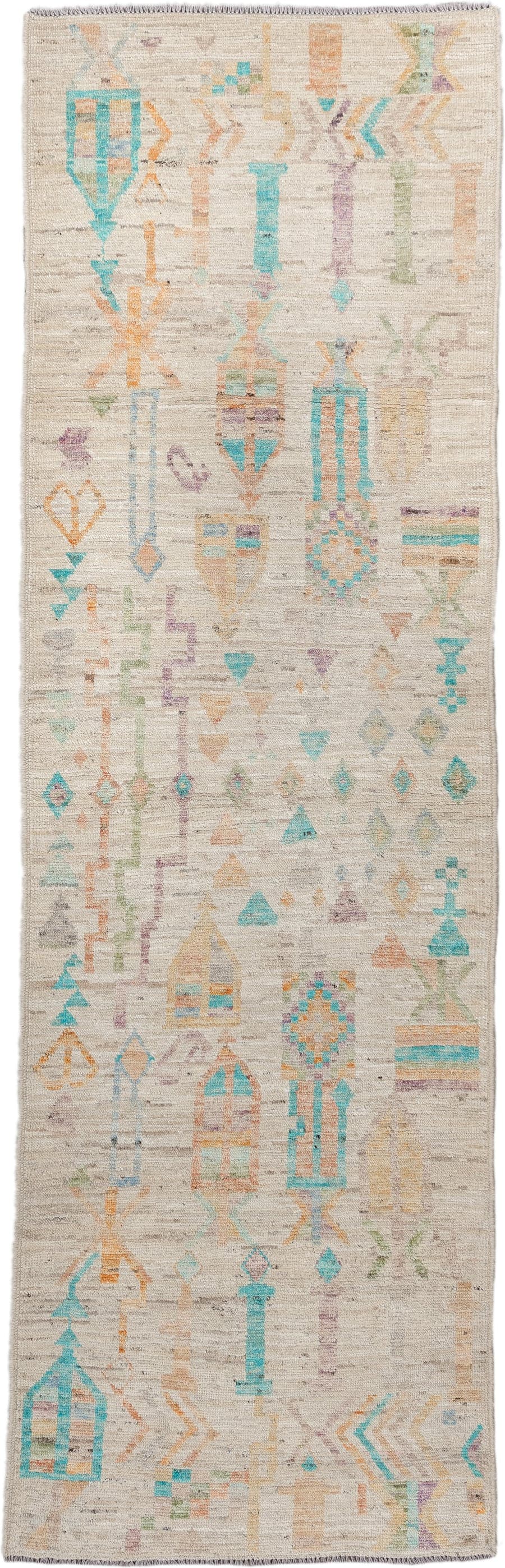 3' x 9' one-of-a-kind handmade vintage Kilim runner rug. Color palette: ivory, turquoise, peach, sage, lavender, beige, gold