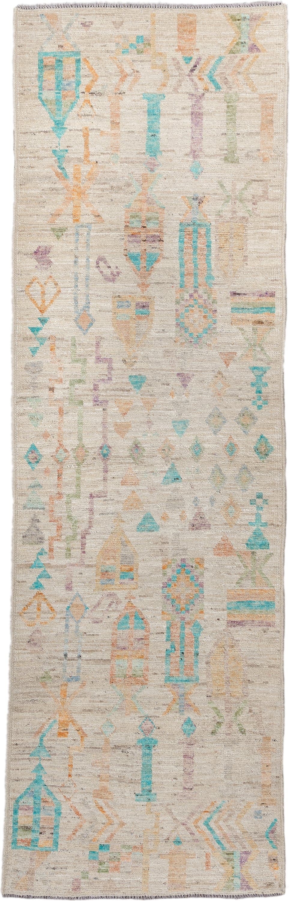 3' x 9' one-of-a-kind handmade vintage Kilim runner rug. Color palette: ivory, turquoise, peach, sage, lavender, beige, gold