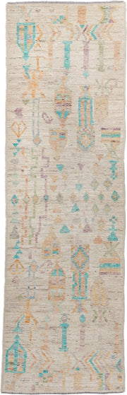 3' x 9' one-of-a-kind handmade vintage Kilim runner rug. Color palette: ivory, turquoise, peach, sage, lavender, beige, gold