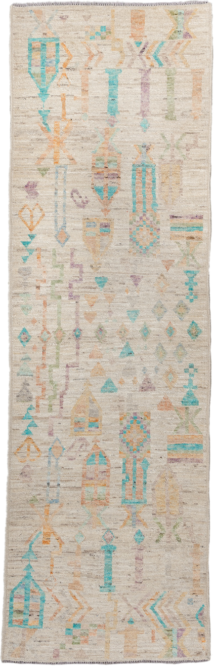 3' x 9' one-of-a-kind handmade vintage Kilim runner rug. Color palette: ivory, turquoise, peach, sage, lavender, beige, gold