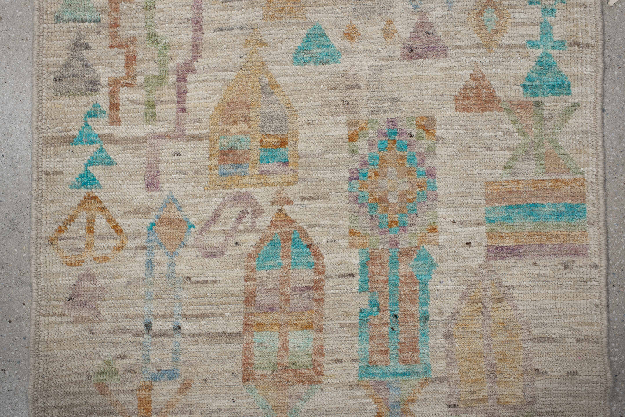 3' x 9' one-of-a-kind handmade vintage Kilim runner rug. Color palette: ivory, turquoise, peach, sage, lavender, beige, gold