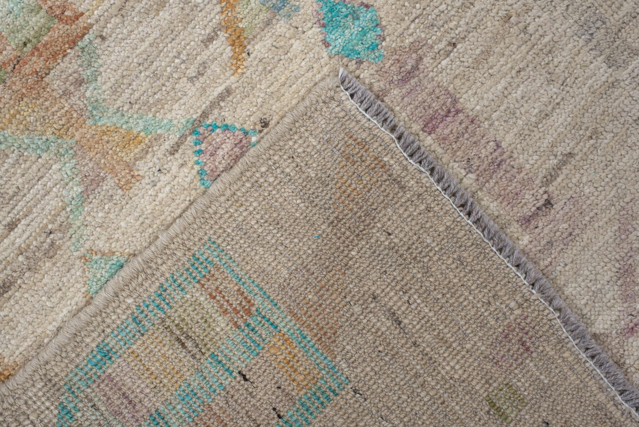 3' x 9' one-of-a-kind handmade vintage Kilim runner rug. Color palette: ivory, turquoise, peach, sage, lavender, beige, gold