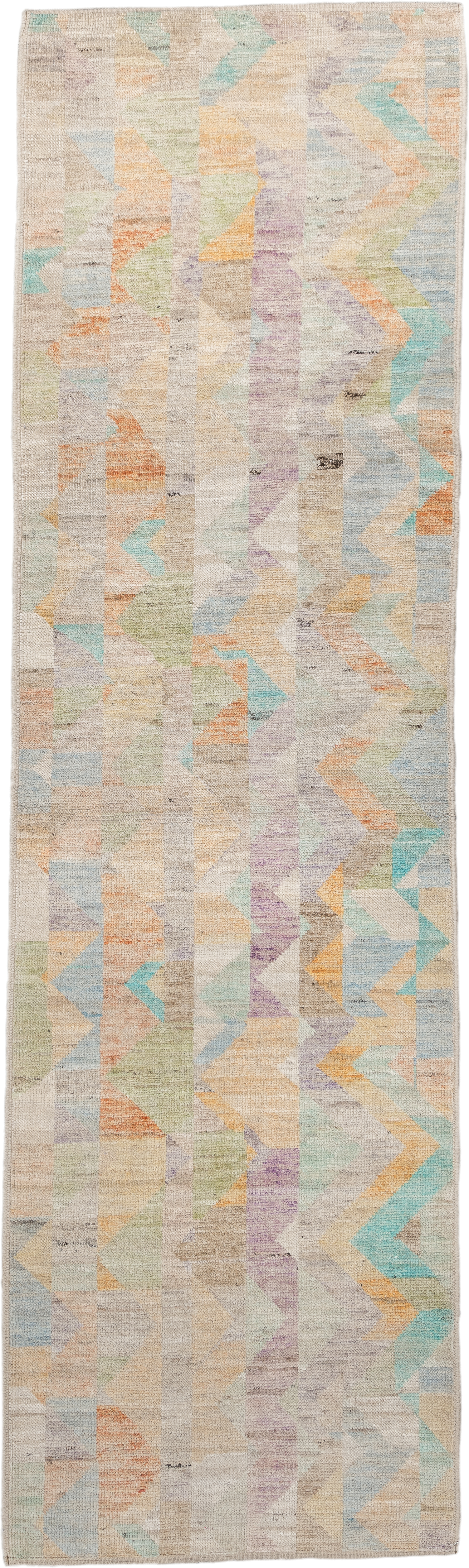 2' x 9' one-of-a-kind handmade vintage Kilim runner rug. Color palette: ivory, beige, aqua, pale blue, lavender, sage, peach