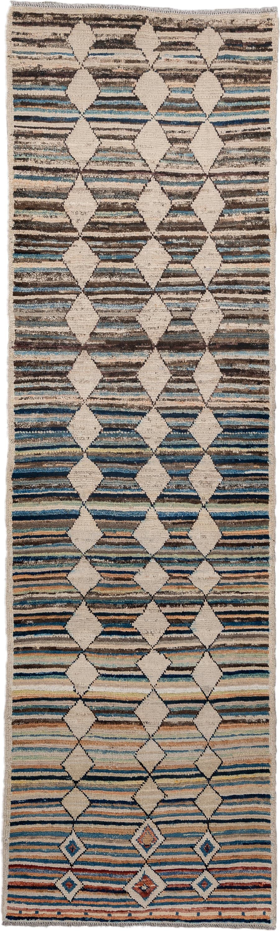 2' x 9' one-of-a-kind handmade vintage Kilim runner rug. Color palette: ivory, brown, blue, camel, charcoal, rust, taupe