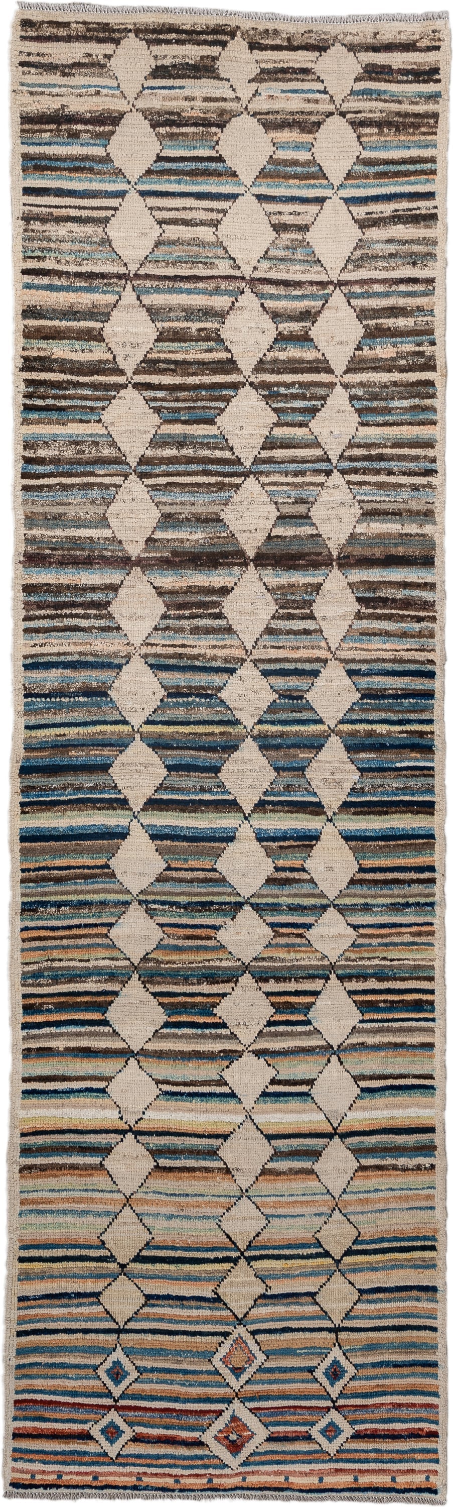 2' x 9' one-of-a-kind handmade vintage Kilim runner rug. Color palette: ivory, brown, blue, camel, charcoal, rust, taupe