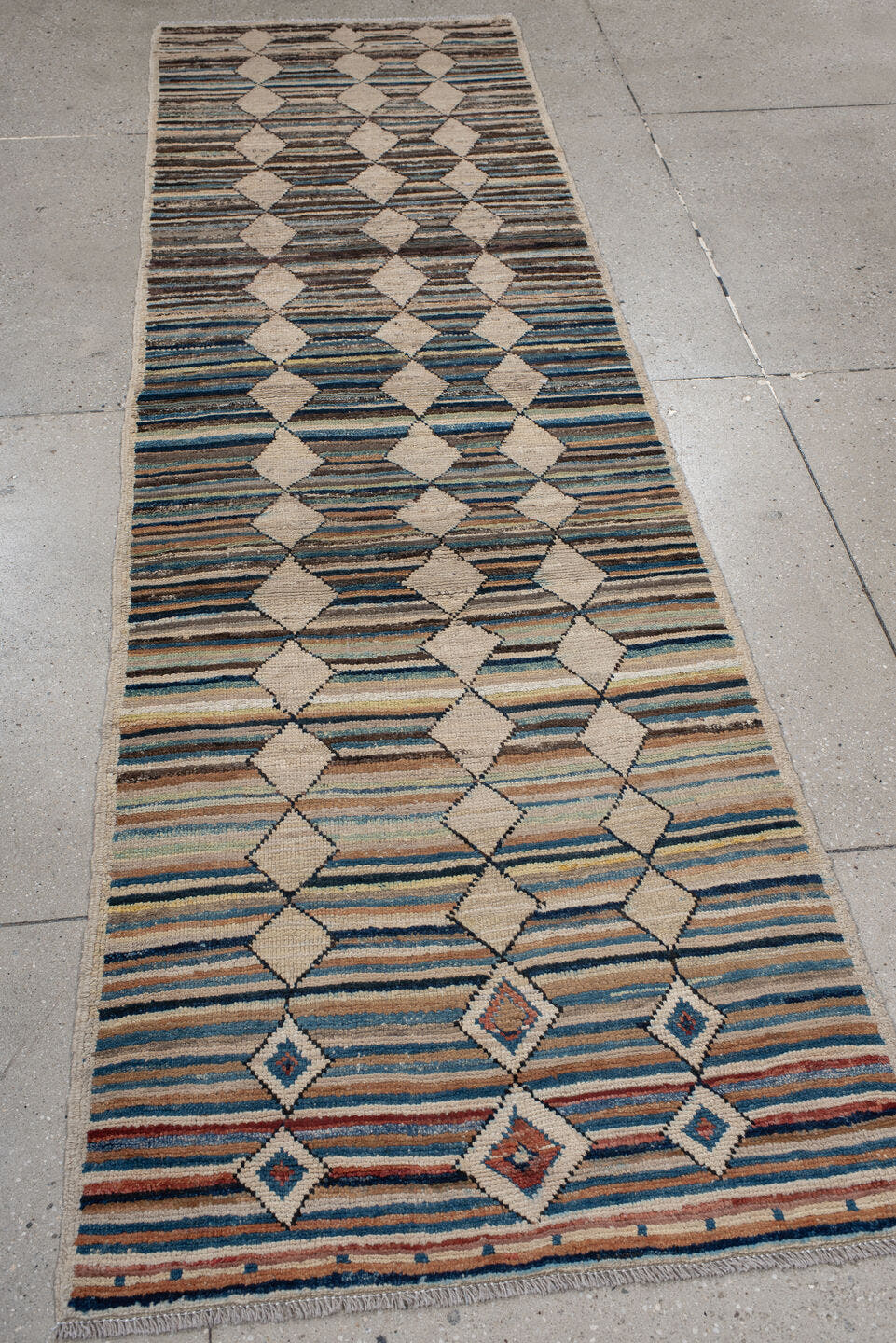 2' x 9' one-of-a-kind handmade vintage Kilim runner rug. Color palette: ivory, brown, blue, camel, charcoal, rust, taupe