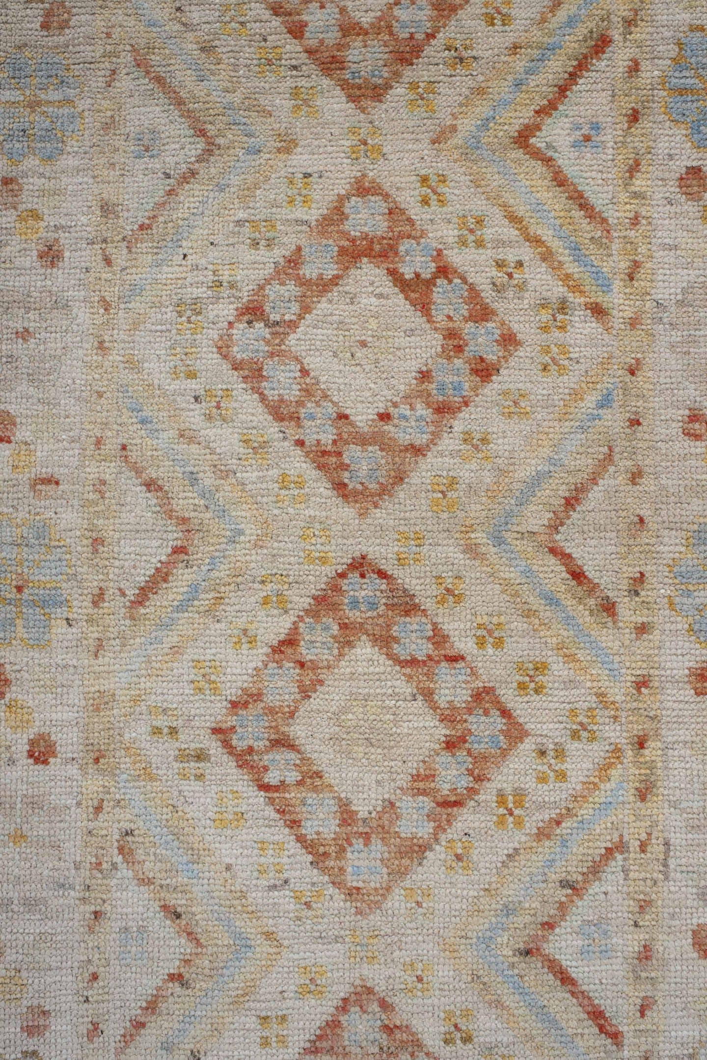 2' x 9' one-of-a-kind handmade vintage Kilim runner rug. Color palette: ivory, coral, pale blue, soft gold, beige