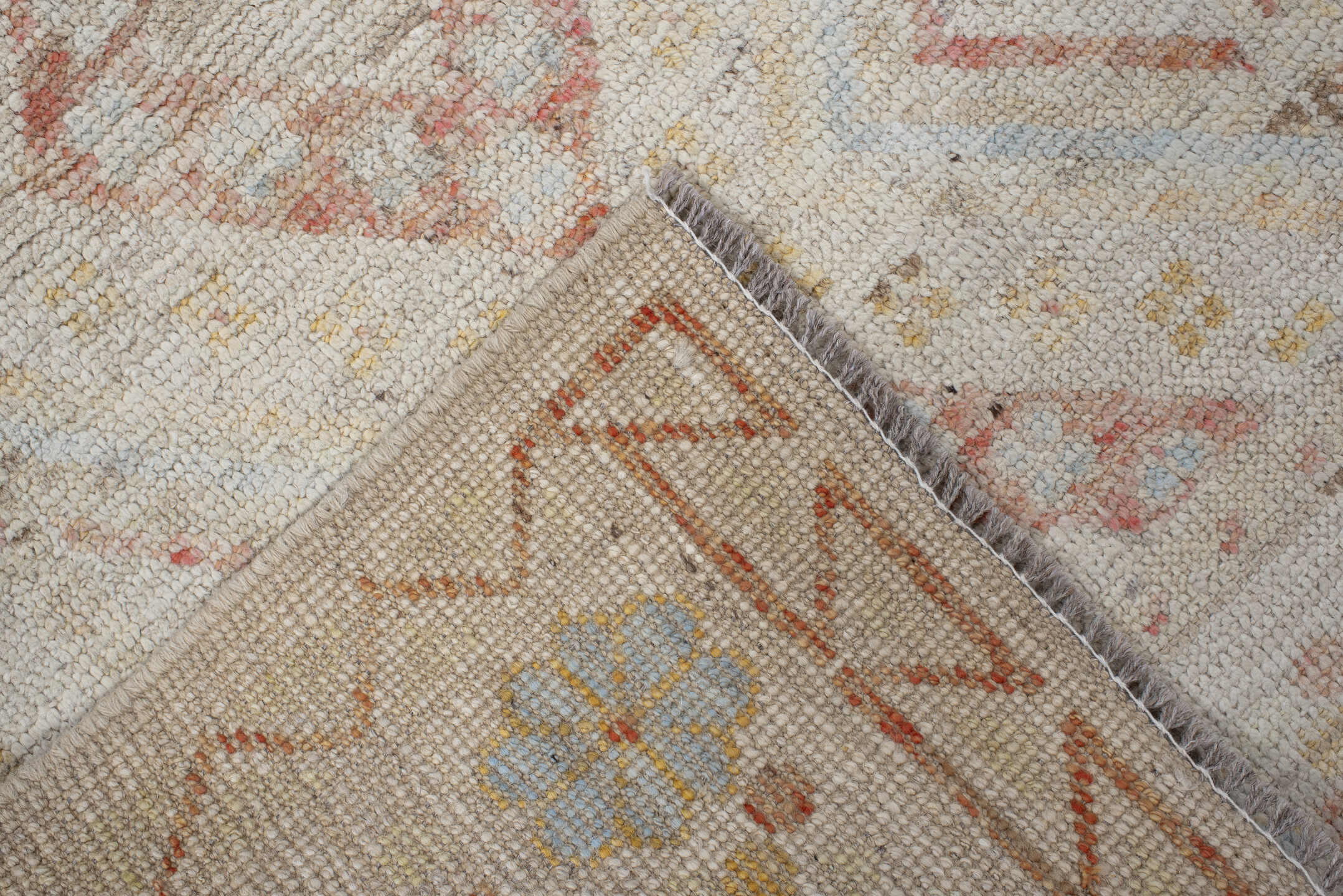 2' x 9' one-of-a-kind handmade vintage Kilim runner rug. Color palette: ivory, coral, pale blue, soft gold, beige