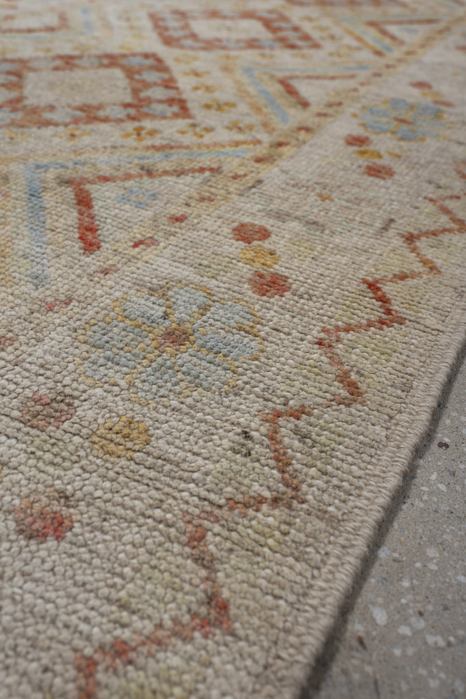 2' x 9' one-of-a-kind handmade vintage Kilim runner rug. Color palette: ivory, coral, pale blue, soft gold, beige