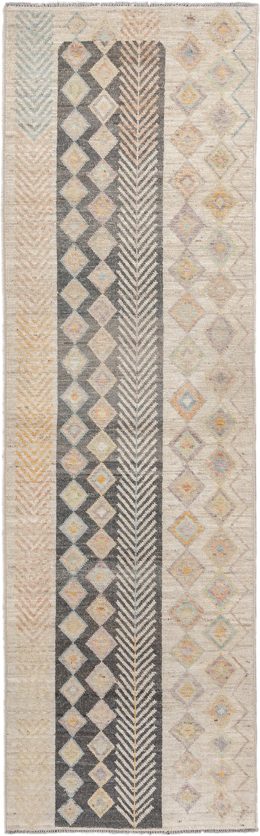 3' x 9' one-of-a-kind handmade vintage Kilim runner rug. Color palette: ivory, taupe, charcoal, beige, pale blue, soft gold